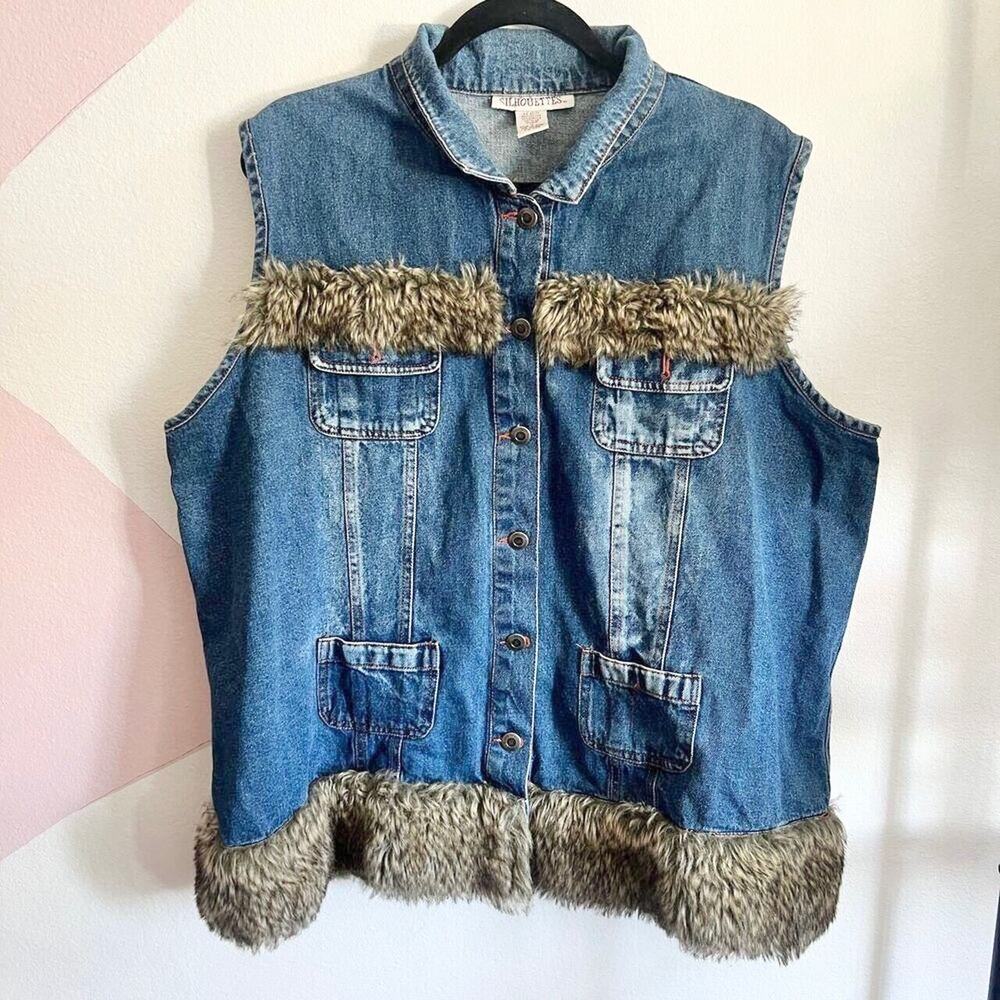 Denim Fur Trim Vest, Y2K, Grunge, Western, Vintage, Edgy, 1X,‎ Retro